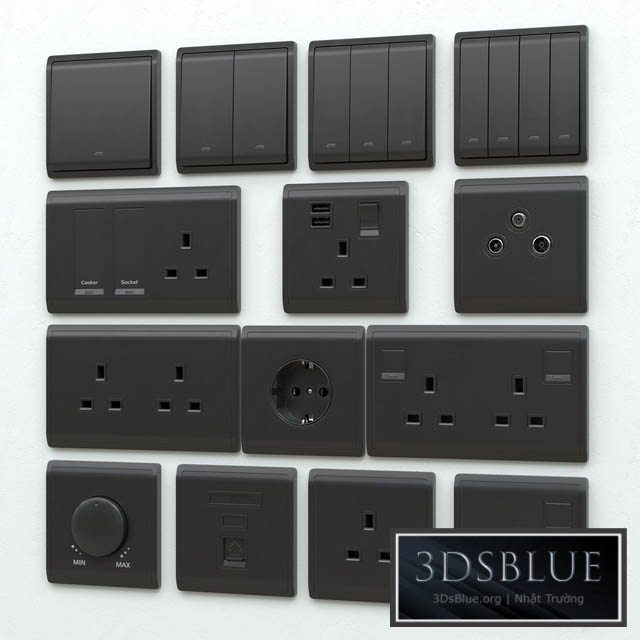 Schneider pieno switches & sockets matte black 3DS Max - thumbnail 3