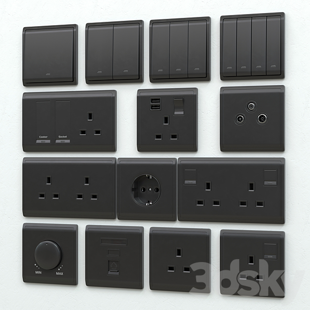 Schneider pieno switches & sockets matte black 3DSMax File - thumbnail 1