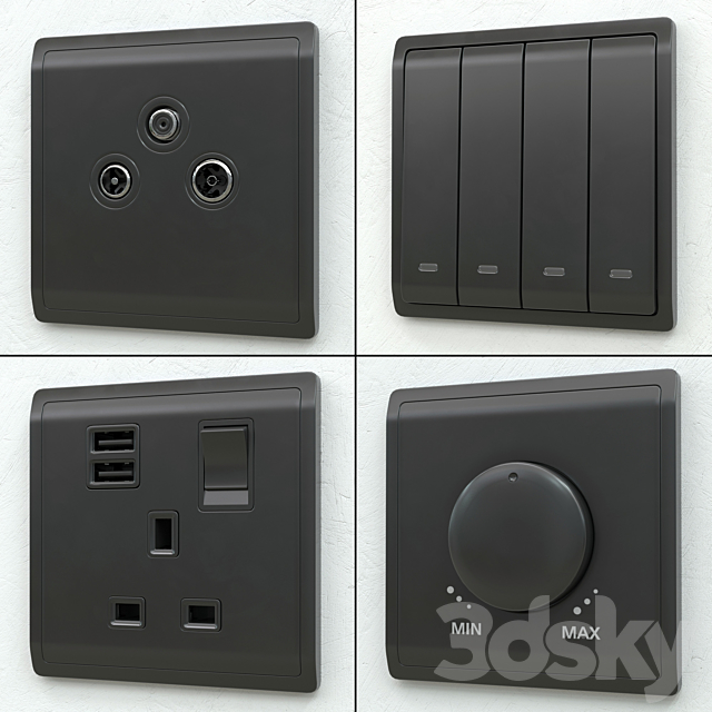 Schneider pieno switches & sockets matte black 3DSMax File - thumbnail 3