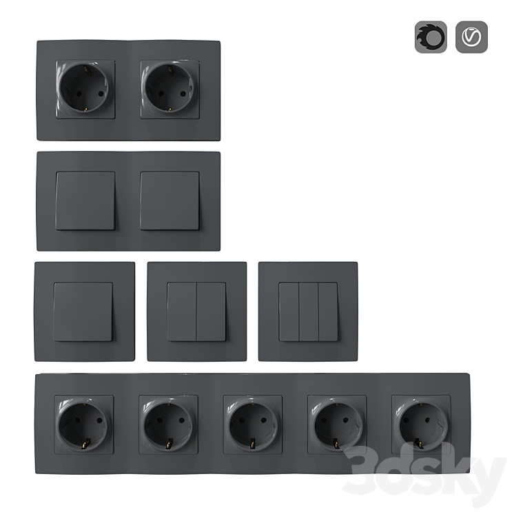 Set of sockets and switches gray 3DS Max - thumbnail 1