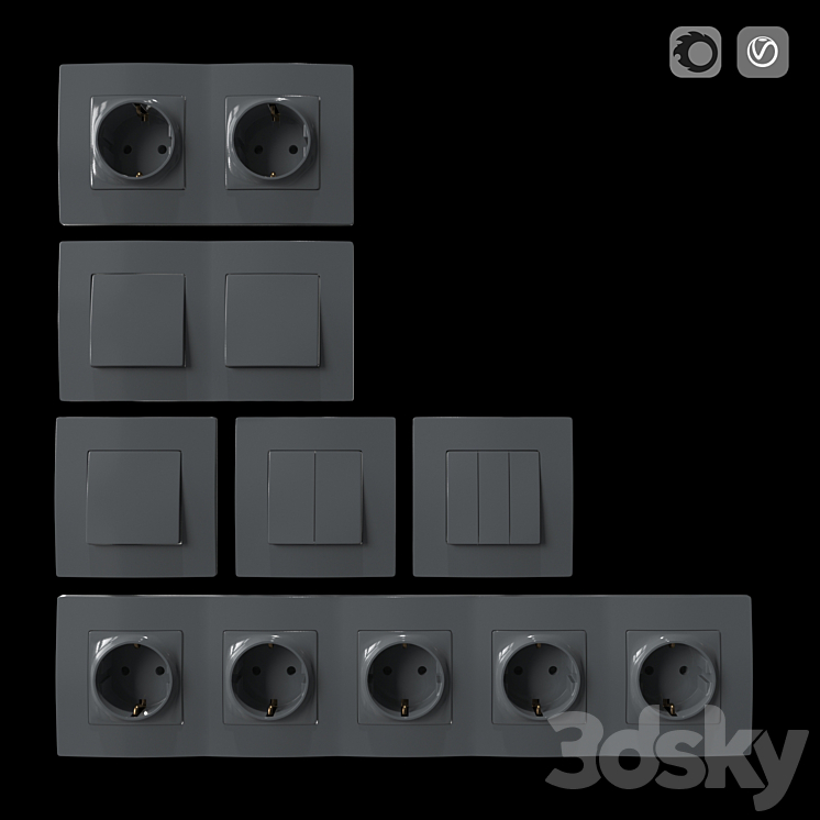 Set of sockets and switches gray 3DS Max - thumbnail 2