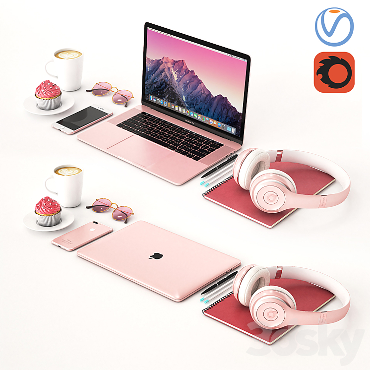 Workplace Rose Gold MacBook 3DS Max Model - thumbnail 3