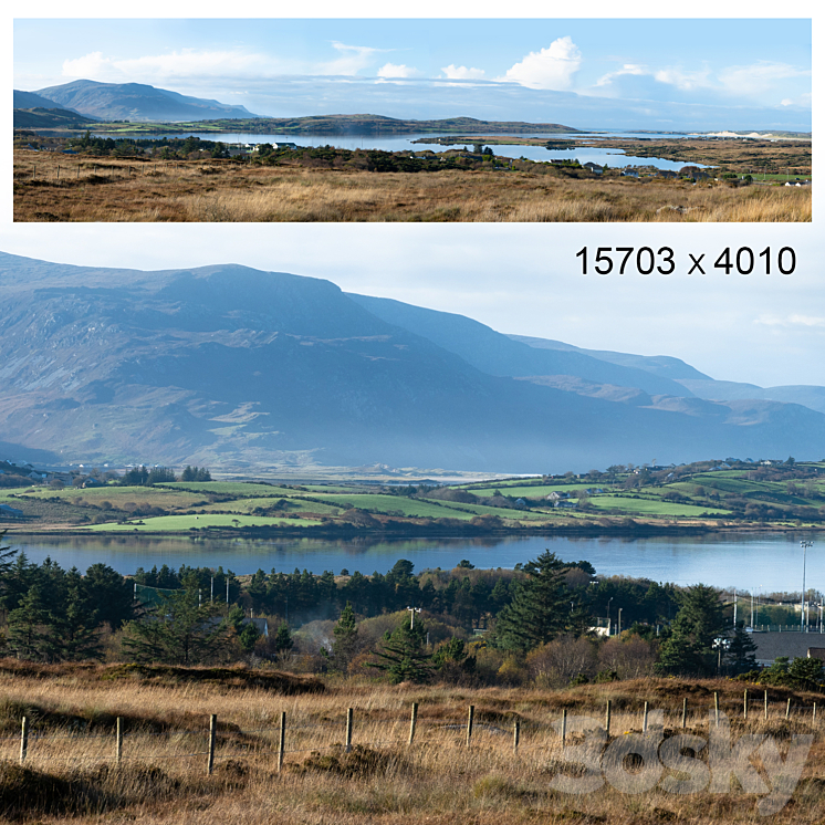 Autumn panorama. Northern Ireland. View of the mountains and the bay. 3DS Max - thumbnail 1