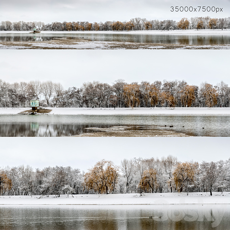 Panorama of the park with a lake and snow-covered trees. 35k 3DS Max - thumbnail 1