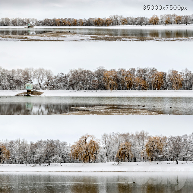 Panorama of the park with a lake and snow-covered trees. 35k 3DSMax File - thumbnail 1