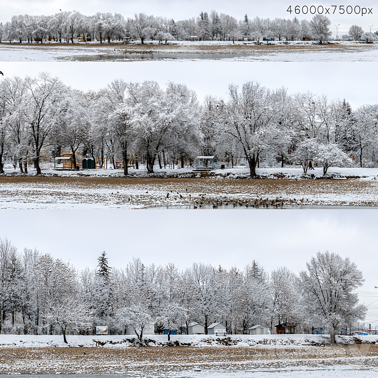 Panorama of the park with a lake and snow-covered trees. 46k 3DS Max - thumbnail 1