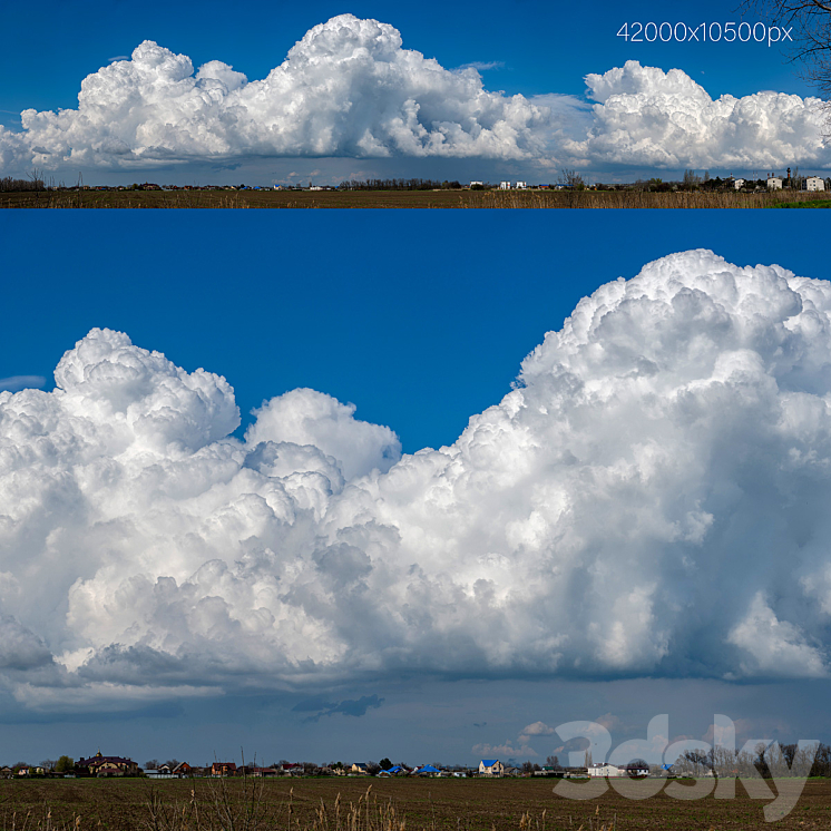 Panorama with beautiful cumulus clouds over the village. 42k 3DS Max - thumbnail 1