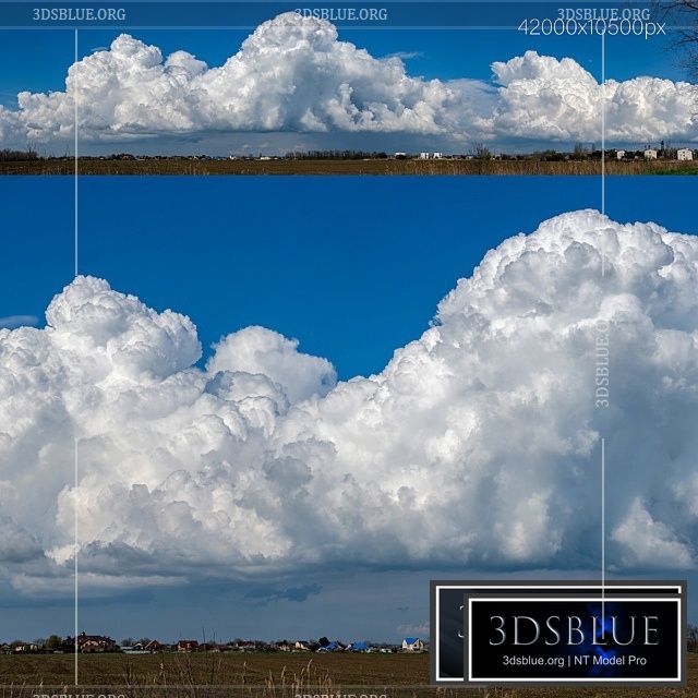 Panorama with beautiful cumulus clouds over the village. 42k 3DS Max - thumbnail 3