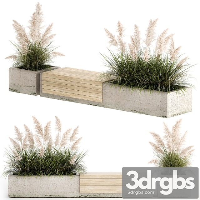 Bench flowerbed for the urban environment in a concrete flowerpot with bushes of reeds and pampas grass cortaderia. 1144. 3dsmax Download - thumbnail 1