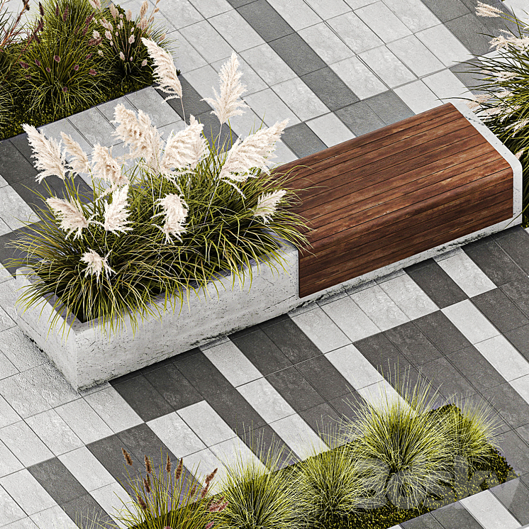 Flower bed with feather grass bushes Miscanthus Cortaderia and white pampas grass bench and bench paving slabs. 1147. 3DS Max - thumbnail 2