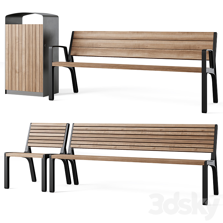 Miela park benches with litter bin Prax by mmcite 3DS Max - thumbnail 1