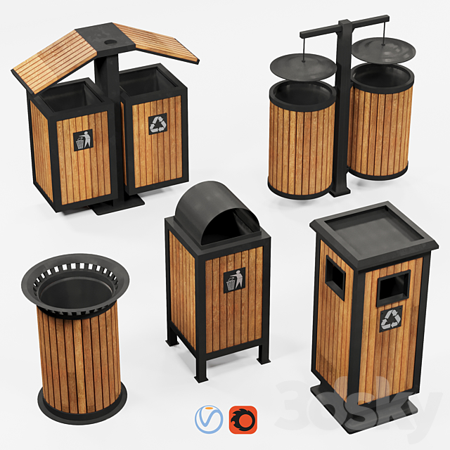 Outdoor wooden trash bins 3ds Max - thumbnail 1