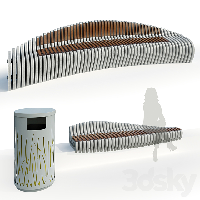 Parametric bench 2 options. Trash bin. Urban environment 3ds Max - thumbnail 1