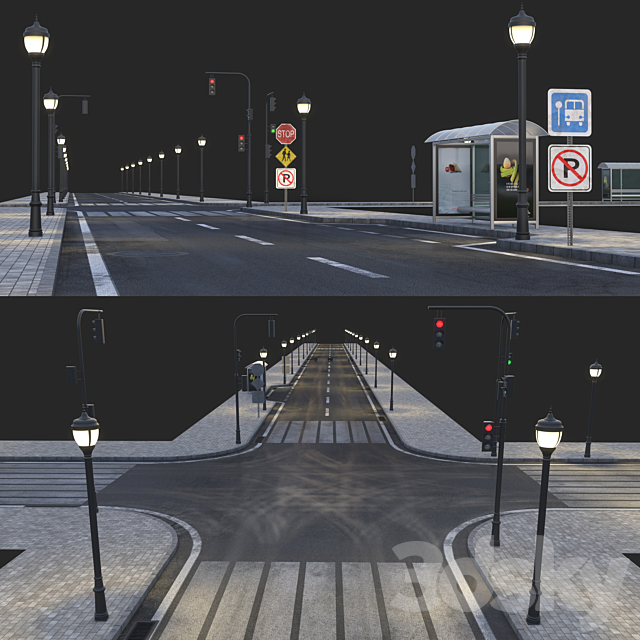 Road and busstop 3DS Max Model - thumbnail 1