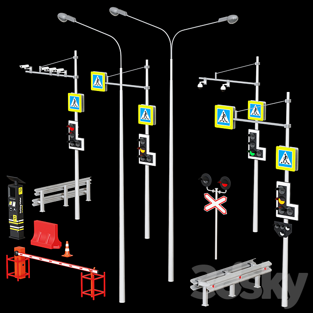 Road elements. Fences traffic lights cameras parking meters. 3ds Max - thumbnail 1