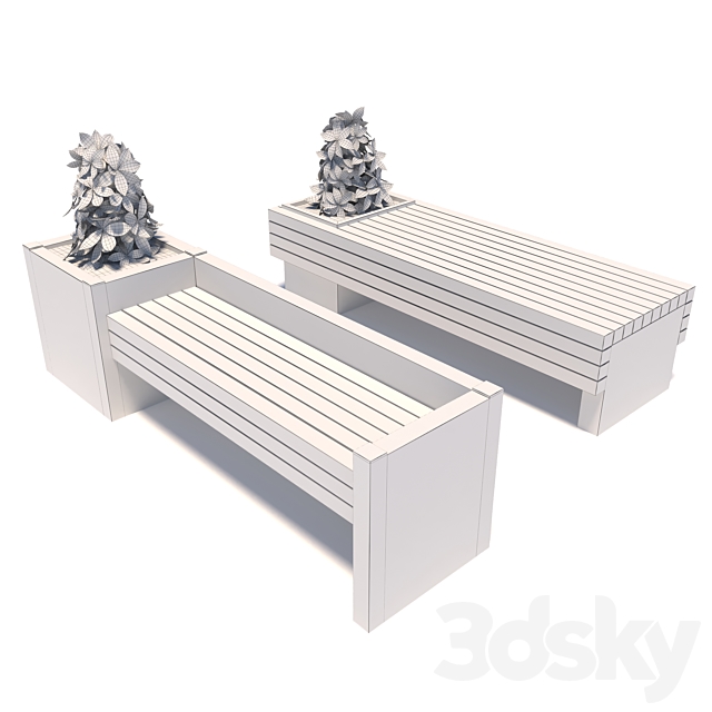 Street benches with plants 3DS Max Model - thumbnail 2