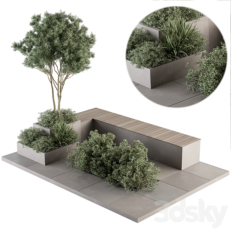 Urban Furniture \/ Architecture Bench with Garden Plants- Set 35 3DS Max - thumbnail 1