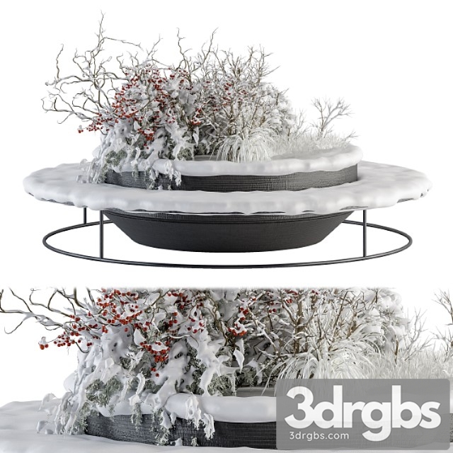 Urban furniture snowy bench with plants- set 15 3dsmax Download - thumbnail 1