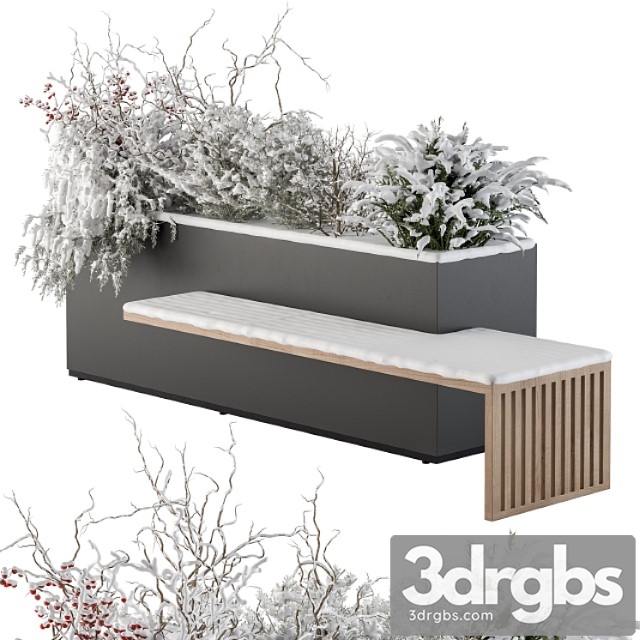 Urban furniture snowy bench with plants- set 30 3dsmax Download - thumbnail 1