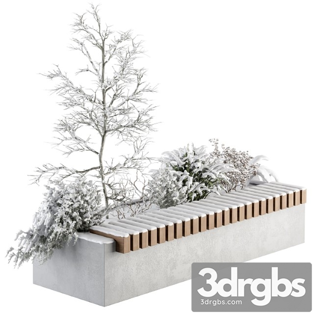 Urban furniture snowy bench with plants- set 32 3dsmax Download - thumbnail 1