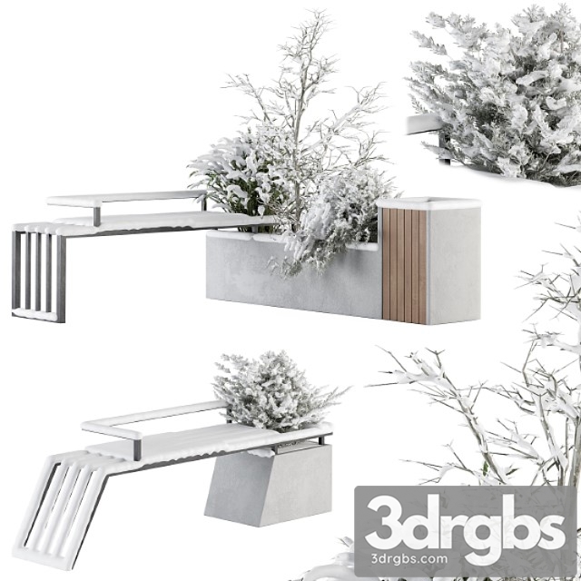Urban furniture snowy bench with plants- set 33 3dsmax Download - thumbnail 1