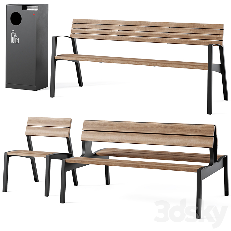 Vera Park Benches with litter bin Crystal by mmcite 3DS Max - thumbnail 1