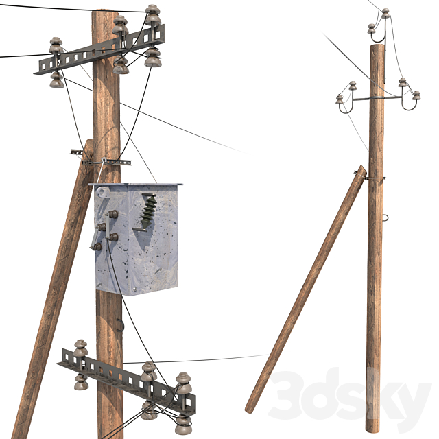 Wooden electricity transmission poles with wires 3ds Max - thumbnail 1