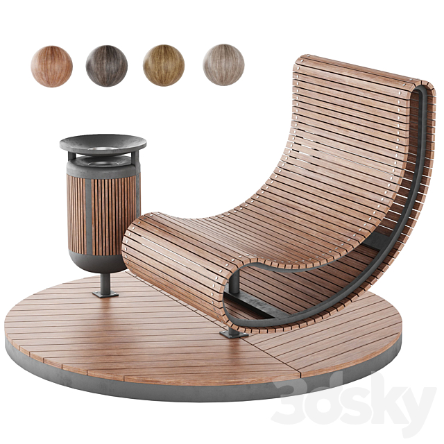 Wooden park bench and trash can LV 003 3ds Max - thumbnail 1